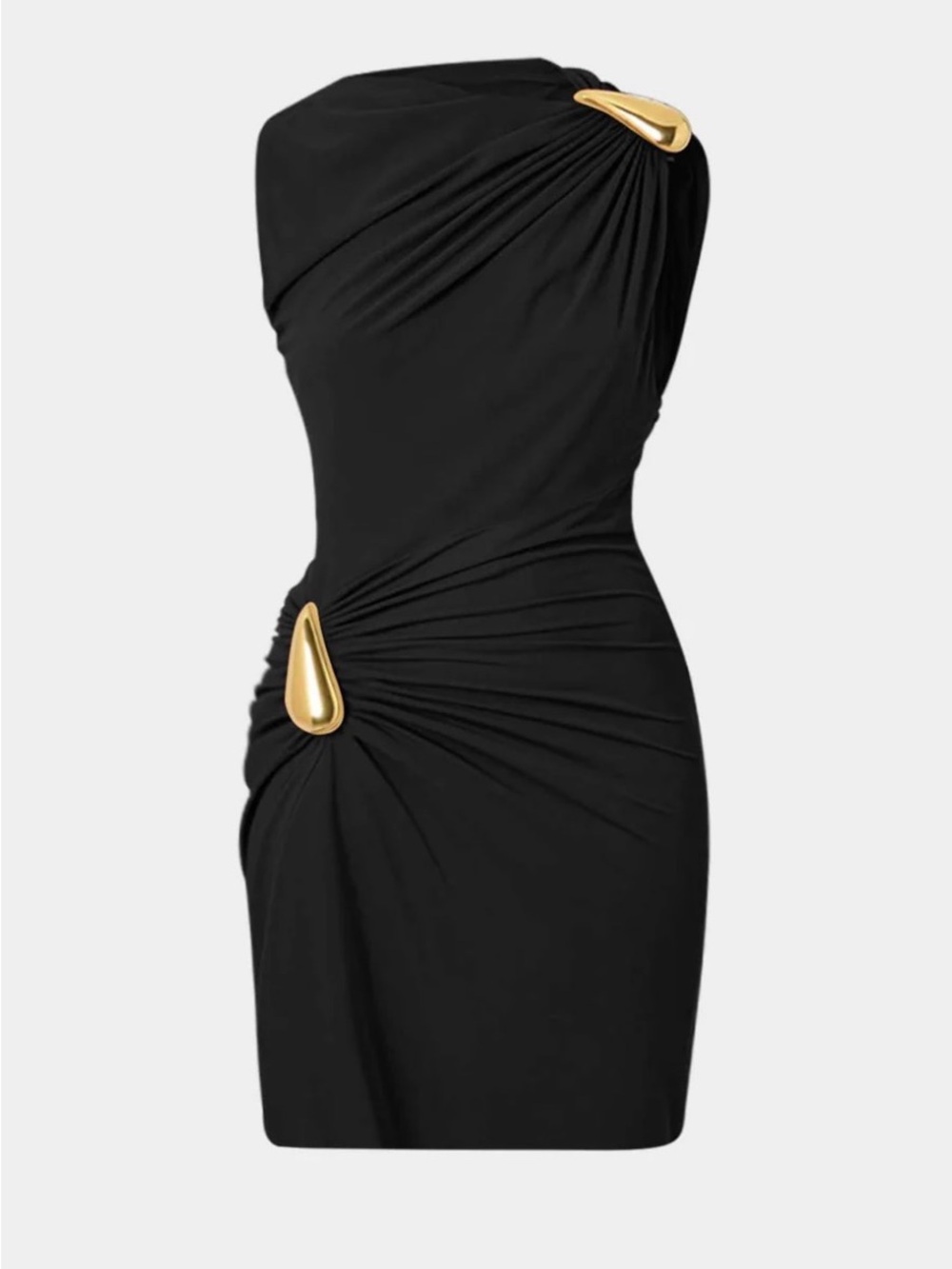 MICAS Sleeveless Black Midi Dress with Gold Teardrop Accents